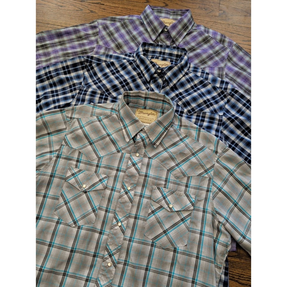 Wrangler Lot Of 3 Pearl Snap Western Short Sleeve Plaid Mens L Rodeo Southwest